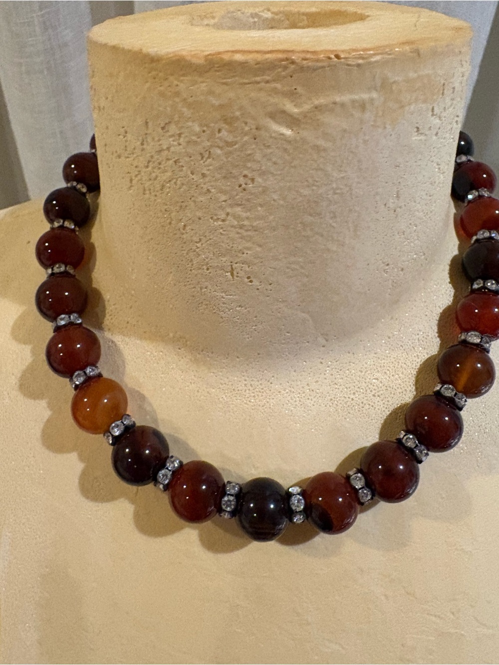 Classic Gold and Brown Handcrafted Tigers Eye Beaded Necklace with Rhinestones